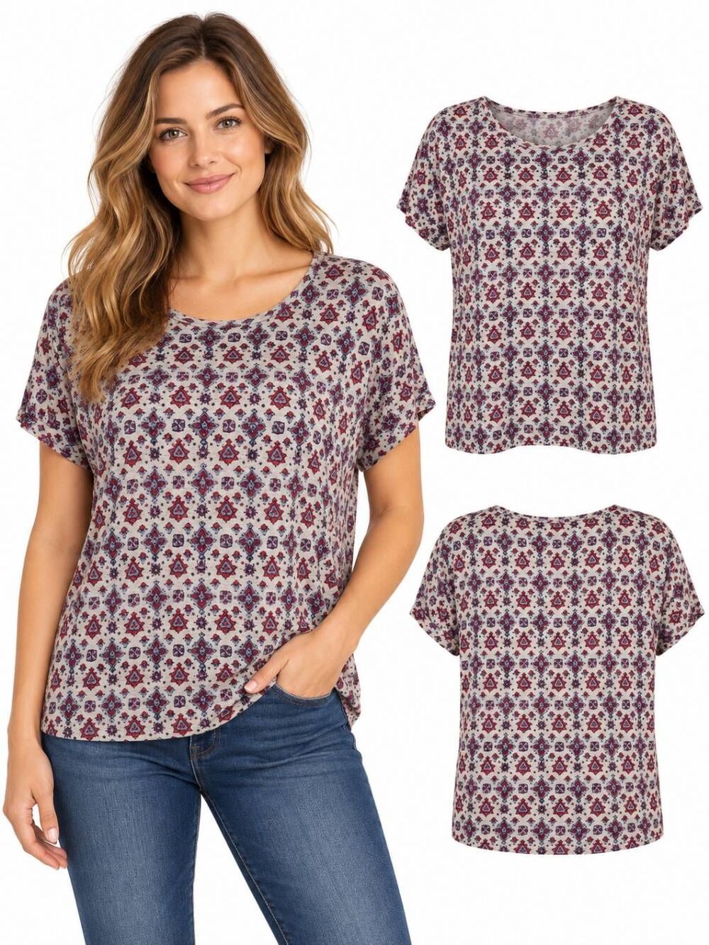 Aeropostale Gray Red Blue Geometric Print Short Sleeve Tee Women’s Large
